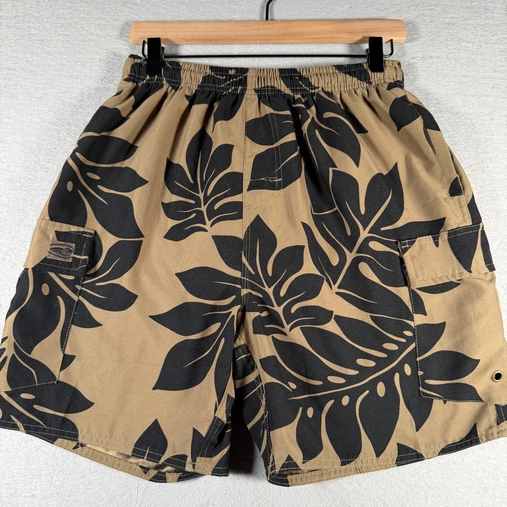 Hawaiian Performance Surfwear Mens Small Tan Black Monstera Leaf Board Shorts 28